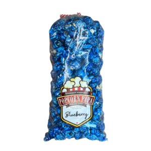 A bag of blue popcorn is shown.