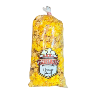 A bag of popcorn with the logo for popcorn shack.