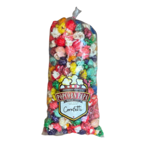 A bag of candy is shown with the words " popcorn falls confetti ".