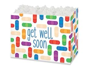 A get well soon basket with bandaids on it.