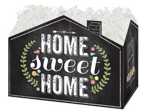 A chalkboard style house shaped basket with the words " home sweet home ".
