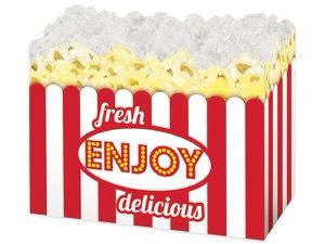 A box of popcorn with the words " fresh enjoy delicious ".