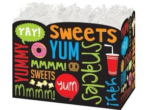 A box with the words " yum, sweets ", and snacks on it.