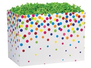 A white box with colorful confetti on it.