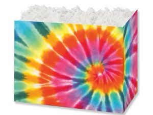 A colorful tie dye basket with white popcorn inside.