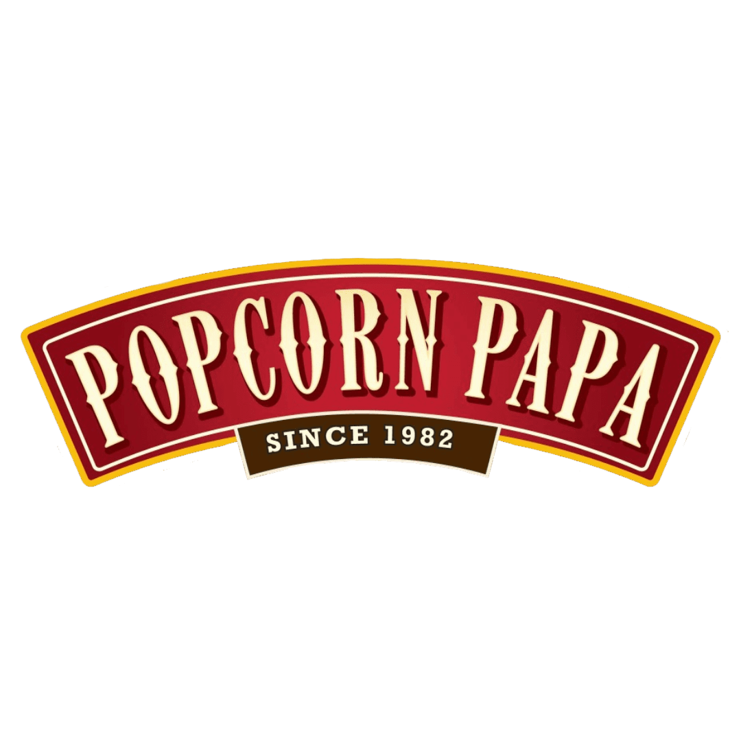 A red and yellow logo for popcorn papa.