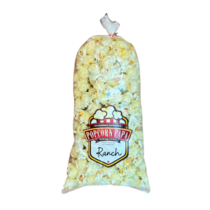 A bag of popcorn with the word ranch on it.