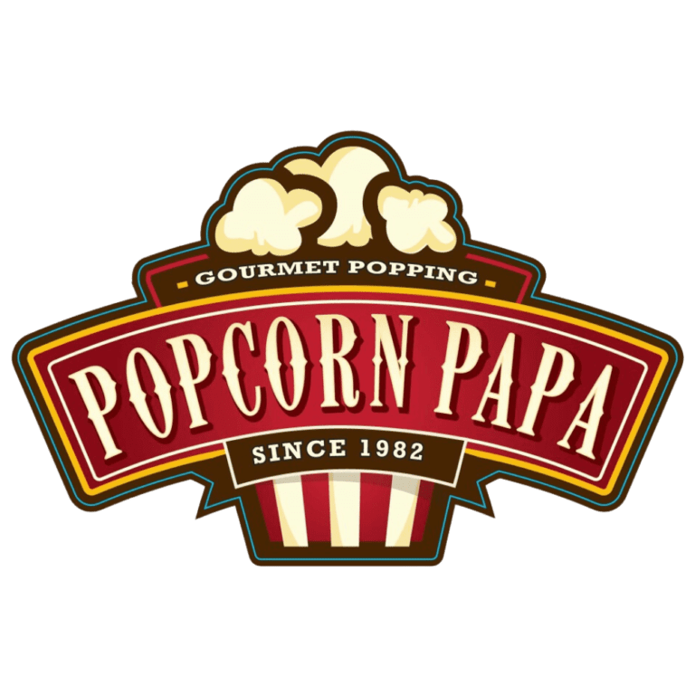 A logo of popcorn papa, which is located in the united states.