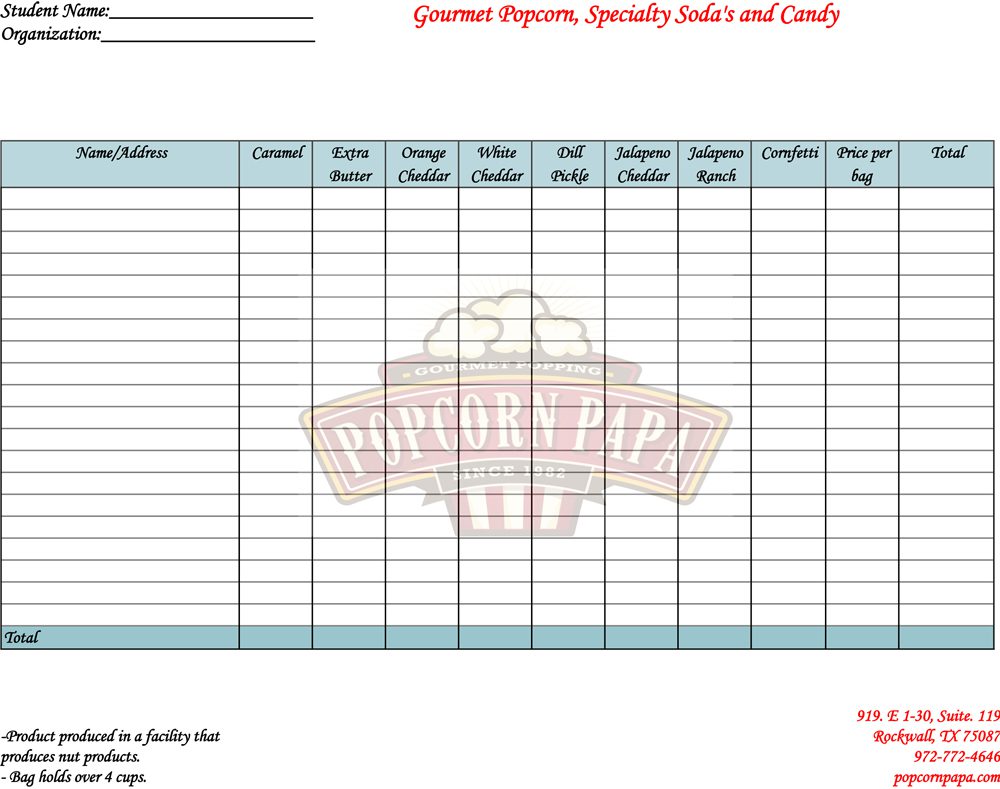 A spreadsheet with the words gourmet popcorn, specialty sales and candy.